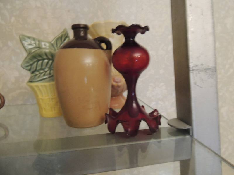 lot 32 image: small milk jug, porcelain flower pot McCoy glass pat. Pend.