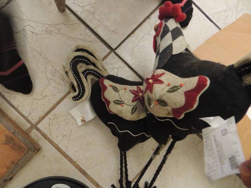 lot 62 image: 2 BLACKWHITE RED CLOTH STUFFED ROOSTERS