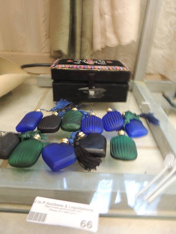 lot 66 image: BEADED BLACK JEWELRY W 11 PERFUME BOTTLE- VARIOUS COLORS  & 3 DROPPERS