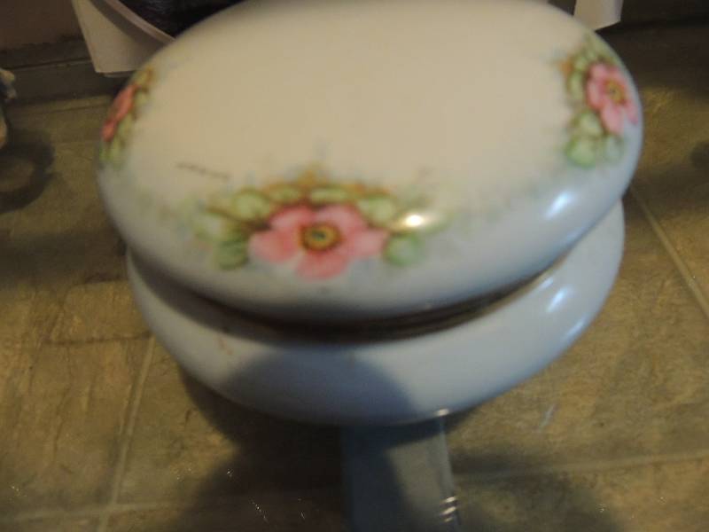 lot 134 image: Limoges Pond P powder bowl made in France Glass maker double side and hanging picture of forest NIB