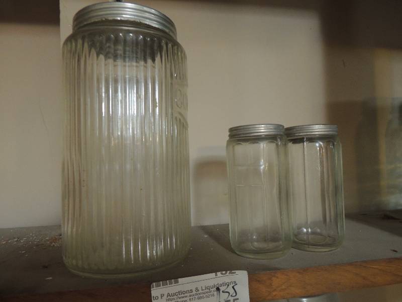 lot 155 image: Pressed glass coffee jar with aluminum lid and 2 small spice jars