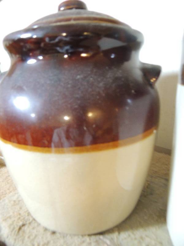 lot 164 image: Maple Leaf monument Ill. Cookie jar and gallon brown topped jug