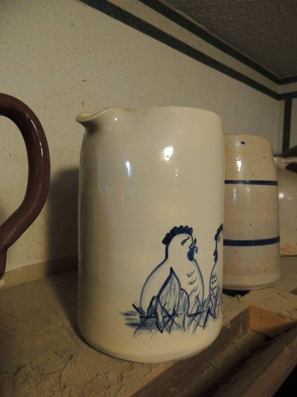 lot 167 image: Blue banded PITCHER ,  1 gal marshal pottery with chickens
