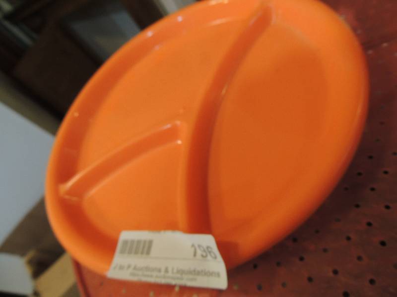 lot 196 image: 4 divided orange plate 2 cheese shredders 4 cookie tins