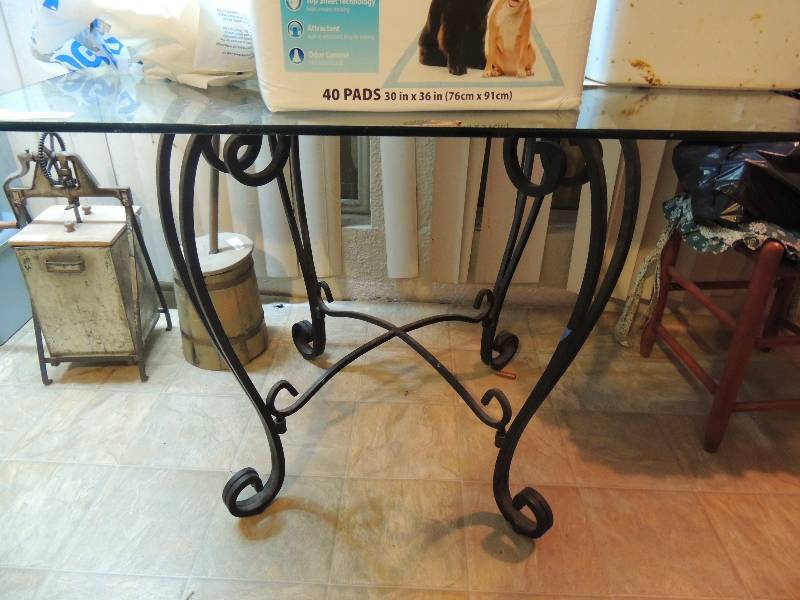 lot 211 image: SQUARE GLASS DINING TABLE with Heavy Metal Stand - TABLE ONLY