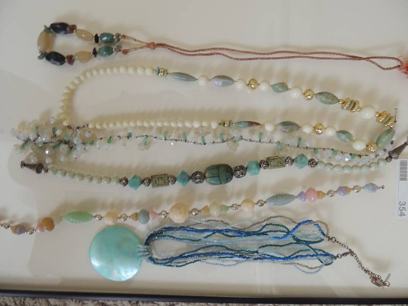 lot 354 image: Jewelry 6 pieces Sea glass inspired Beads and medallion necklaces one needs slight repair