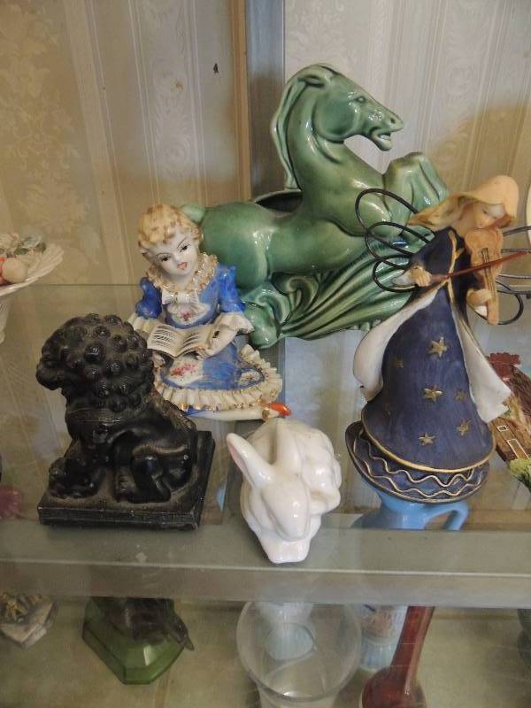lot 44 image: Green glass house porcelain lady and lady playing violin