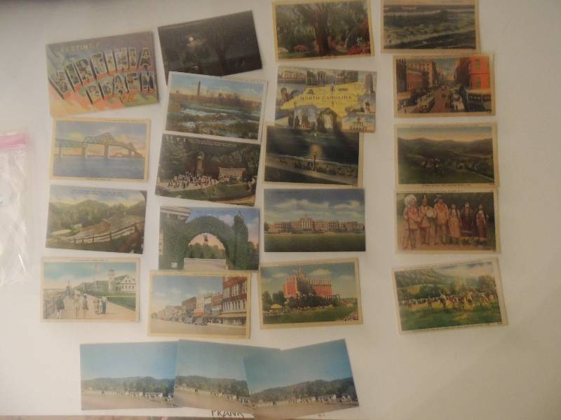 lot 462 image: Vintage post cards 1940,1950 SC,NC and Virginia 20 pieces. Includes Cherokee Indian Americana .AND Christmas x 2 Hawaii, Texas,New York, California and Minneapolis 14 pieces plus 10 blank aviary cards