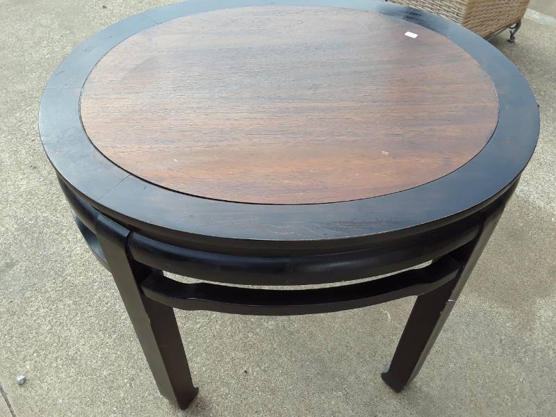 lot 14 image: ROUND TWO WOOD INLAID END TABLE