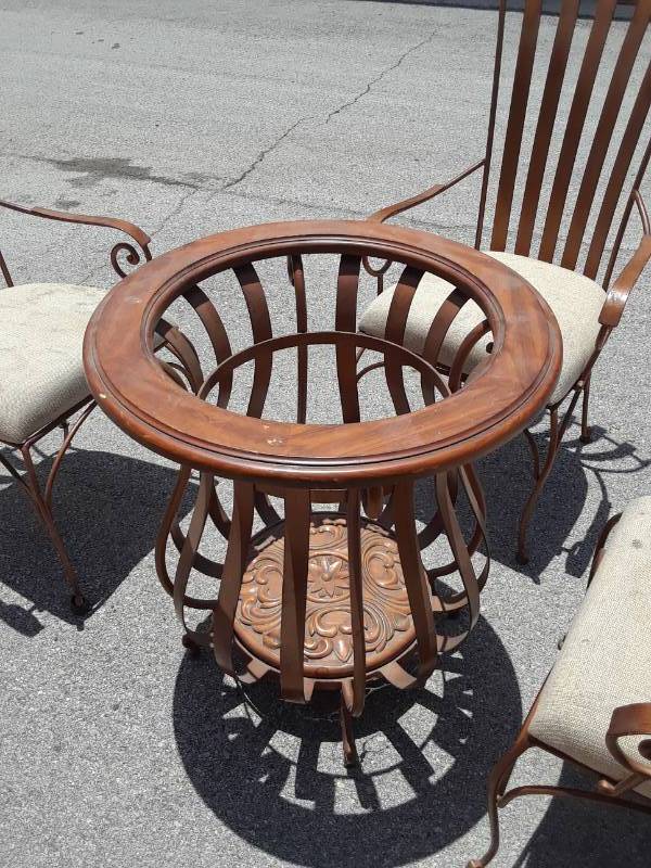 lot 99 image: WROUGHT IRON TABLE BASE W 5 GLASS TOP