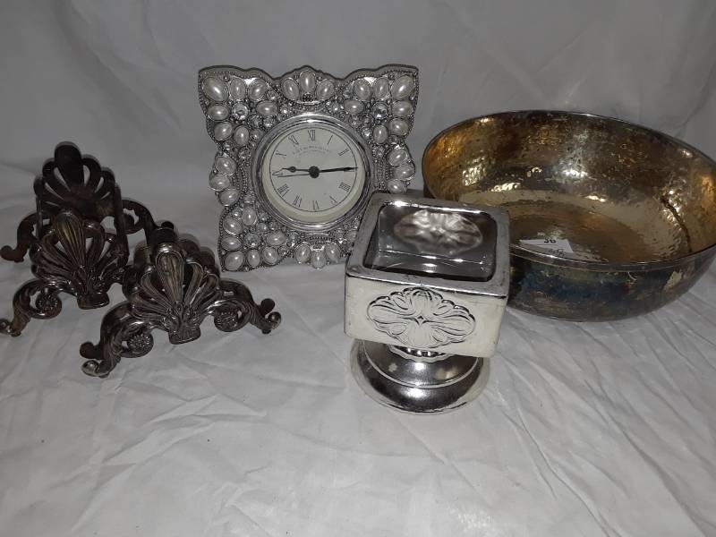 lot 38 image: SILVER TONED LOT INCLUDING CLOCK, CANDLE HOLDER, AND MORE