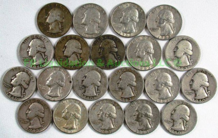 lot 9 image: Silver pre-1965 Washington quarters various years