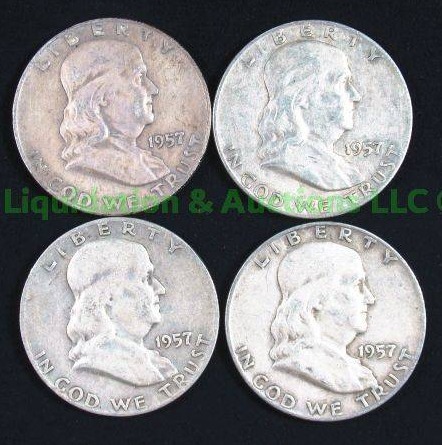 lot 12 image: Silver 1957 Franklin half dollars