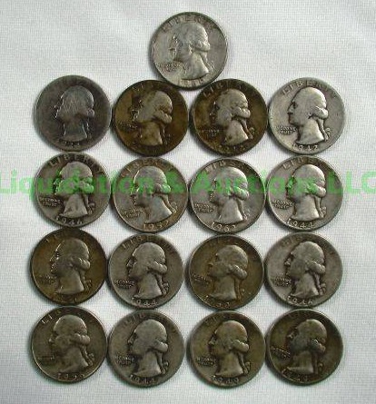 lot 14 image: Silver pre-1965 Washington quarters various years