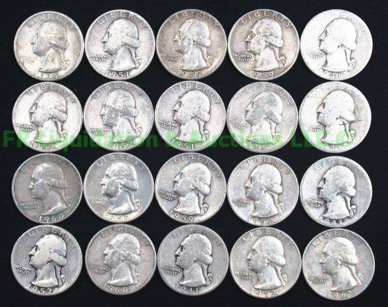 lot 20 image: Silver pre-1965 Washington quarters various years