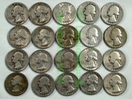 lot 21 image: Silver pre-1965 Washington quarters various years