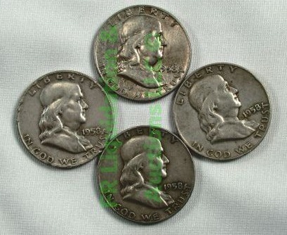 lot 22 image: Silver 1958 Franklin half dollars