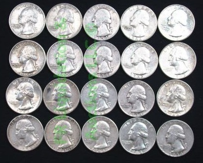 lot 27 image: Silver pre-1965 Washington quarters various years