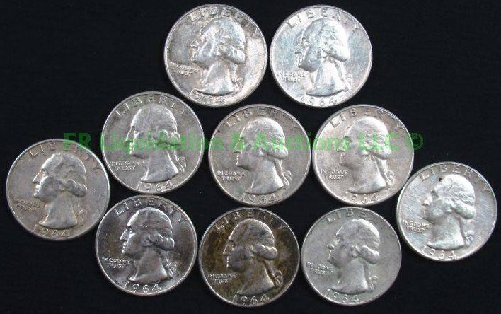 lot 28 image: Silver pre-1965 Washington quarters various years