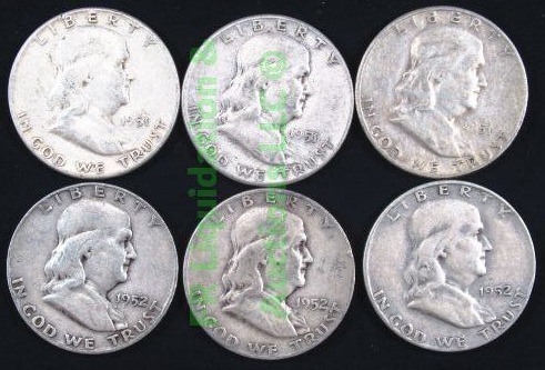 lot 36 image: Silver 1951 & 1952 Franklin half dollars