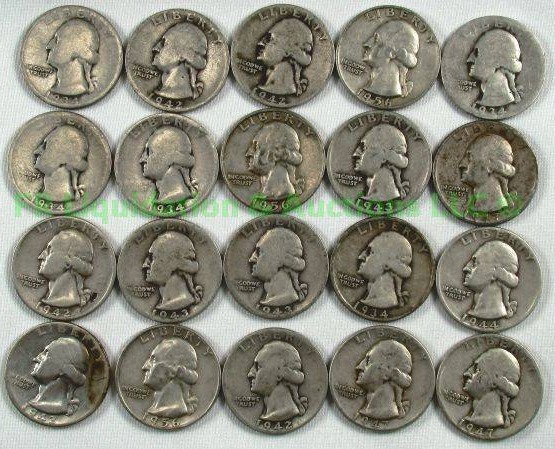 lot 42 image: Silver pre-1965 Washington quarters various years
