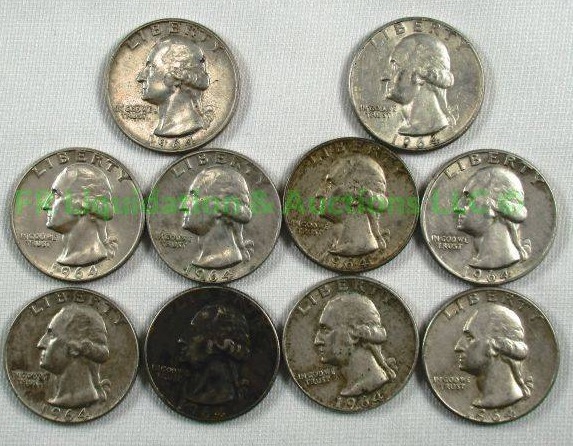 lot 49 image: Silver 1964 Washington quarters