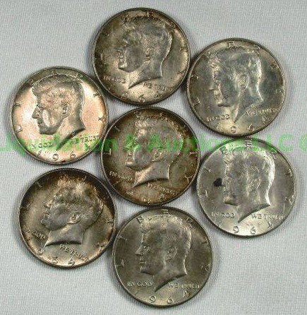 lot 51 image: Silver 1964 Kennedy half dollars