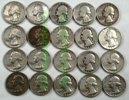lot 53 image: Silver pre-1965 Washington quarters various years