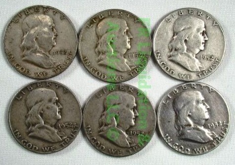 lot 54 image: Silver 1952 Franklin half dollars