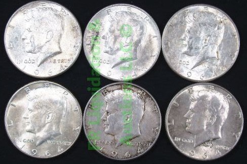 lot 80 image: Silver 1964 Kennedy half dollars