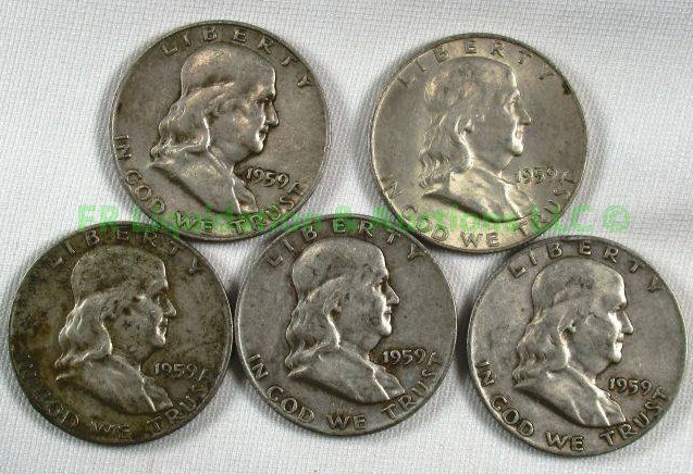 lot 85 image: Silver 1959 Franklin half dollars