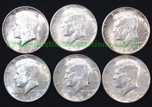 lot 91 image: Silver 1964 Kennedy half dollars