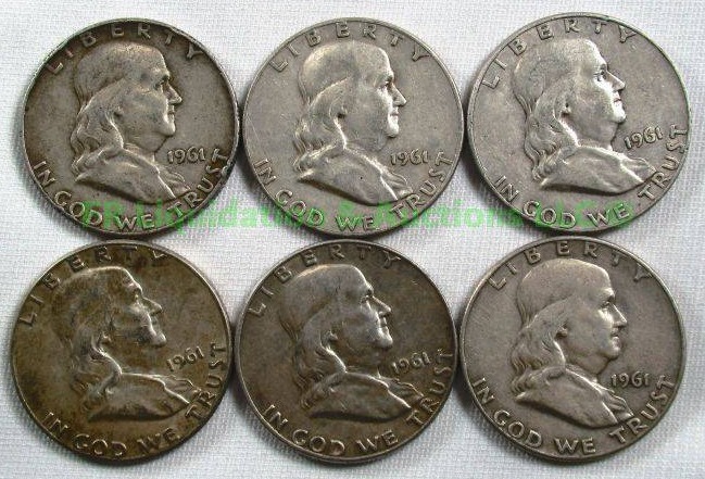 lot 96 image: Silver 1961 Franklin half dollars