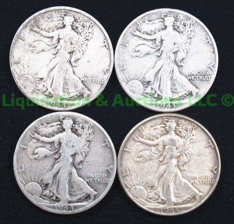 lot 97 image: Silver 1943 & 1944 walking liberty half dollars