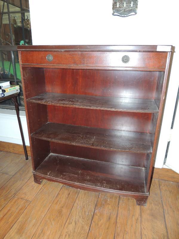 lot 178 image: Mid modern shelf  unit 1 drawer, 3 SHELVES, dark mahogany wood has water mark 42 H 36 w