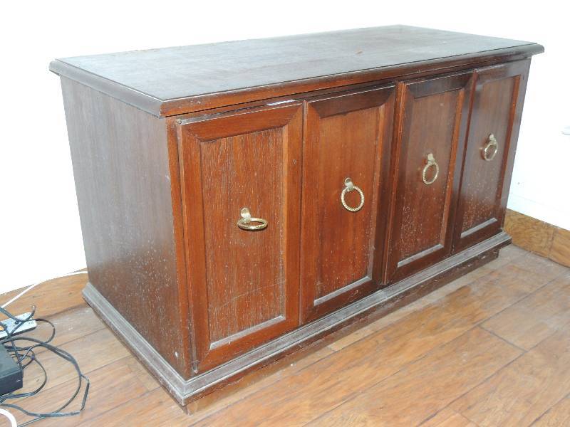 lot 193 image: Wood Buffet Cabinet  Stereo cabinet 2 drawers 3 shelves 1 with divider 49 length 22 deep