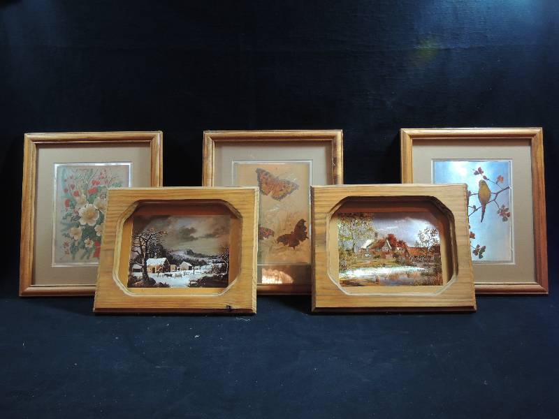 lot 195 image: 5 art pieces 2 landscapes 8x10 and 1 bird, 1 butterfly and 1 floral on foil background