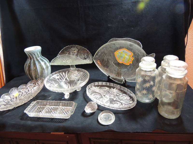 lot 205 image: Pressed glass and lead crystal  - INCLUDES 13 oblong dish Western Germany, lead crystal hand cut,  12 divided dish, fish dish, storage CONTAINORS, Vase 10    quantity of 12 TOTAL