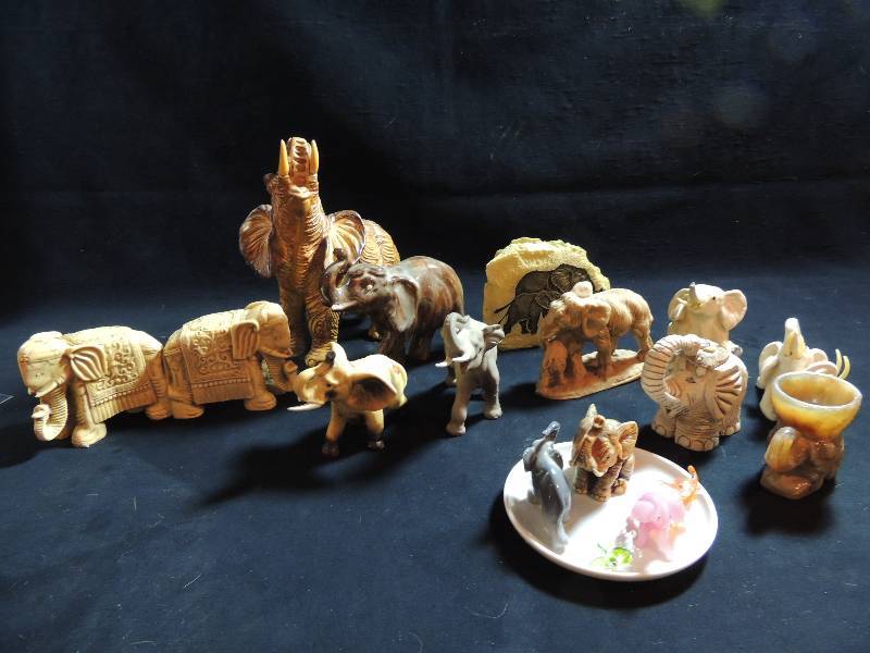 lot 208 image: Pacaderms (elephants)- ceramic 2 12 and 3, Onyx 3 Etching on rock, Ceramic from Spain, set of 2 from China, trinket dish with one attached ,Lefton porcelain