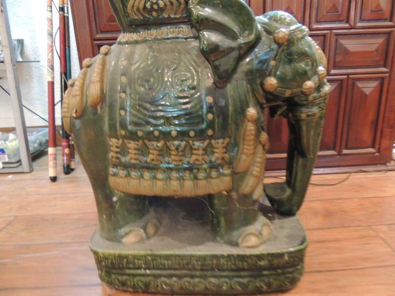 lot 212 image: Ceramic plant table green elephant very ornate 24 tall 12 wide 18 L