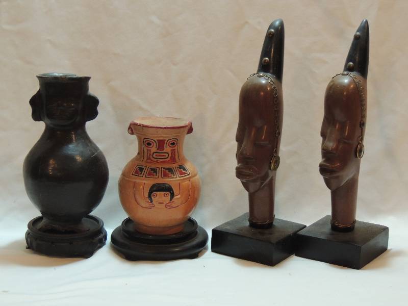 lot 180 image: 2 African Head carvings 13 Ht. and 2 South American Pieces of pottery on bases