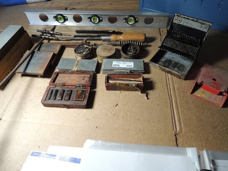 lot 562 image: Knife  WHET  stone, Drill bits, level and more