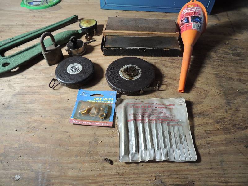 lot 594 image: 2 WHET Stones, 2 measuring tapes and HEX KEYS, LOCK
