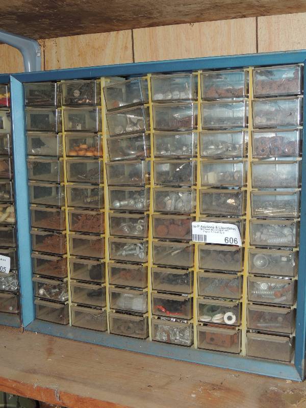 lot 606 image: Wall hanging drawer shelf with 60 sliding trays for nuts, bolts, screws and washer. Many more like items