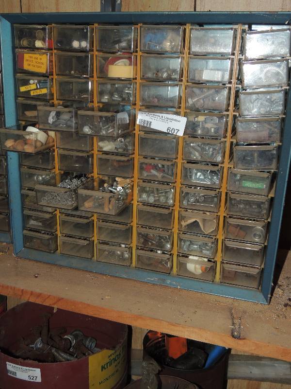 lot 607 image: Wall hanging drawer shelf with 60 sliding trays for nuts, bolts, screws and washer. Many more like items