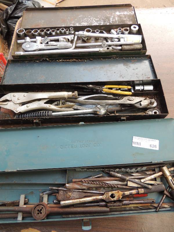 lot 626 image: 3 TRAYSBOXES - 1) SOCKETS, RACHET, SPEED WRENCH, EXTENTIONS, 2)  O-RING PLIERS, VISE GRIPS,  RACHET,PLIERS  3) DRILL BITS, DIES& THREADERS