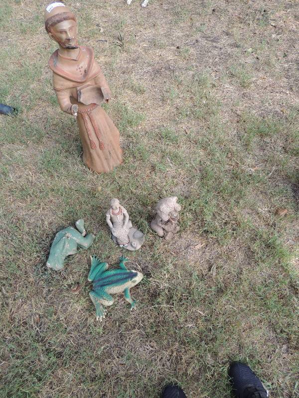 lot 649 image: YARD ART - GIRL, RACOON, FRIAR ( NEED REPAIR) , FROG