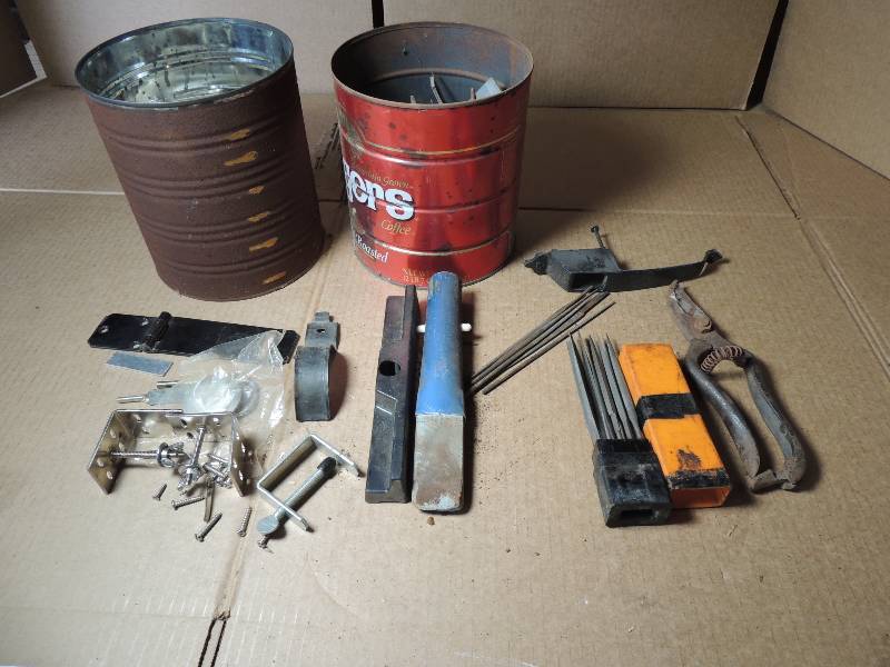 lot 528 image: 2 Coffee cans- metal files, door hinges  handles, blue metal files and much more