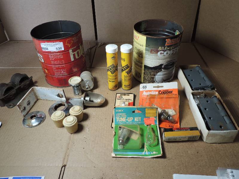 lot 530 image: 2 Cans of spark plugs, door latches , 2 tubes of multi purpose grease and much more,