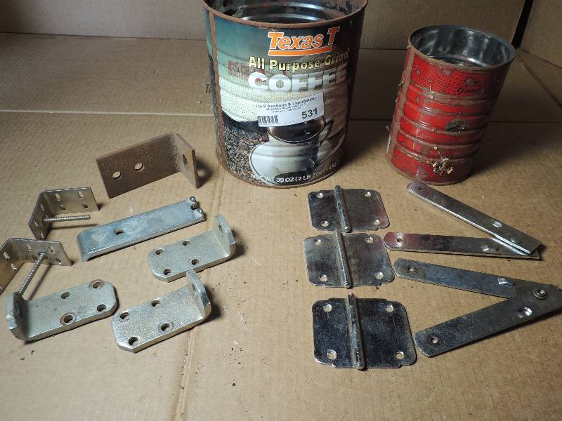 lot 531 image: 2 cans of metal brackets and door hinges of various sizes